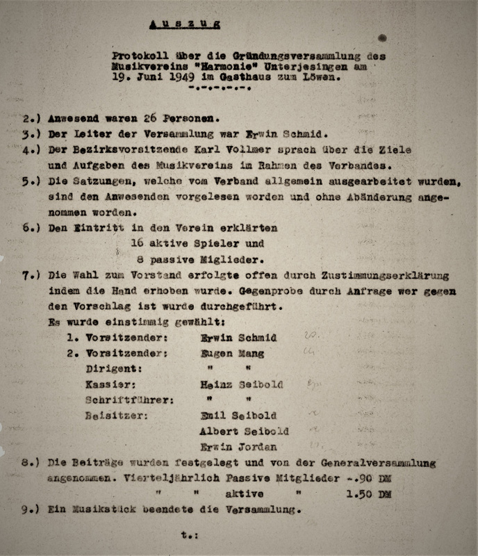 WK Neu-Gründungsprotokoll MV Harmonie nach d. 2. WK am  19.6.1949 im Löwen